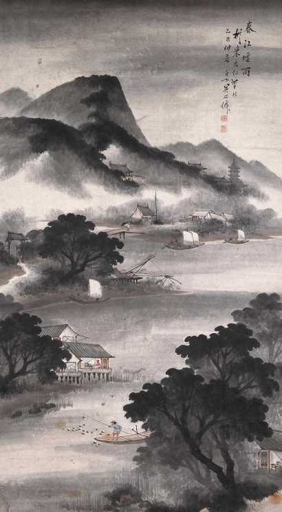 吴石僊 乙巳(1905)年作 春江烟雨 立轴